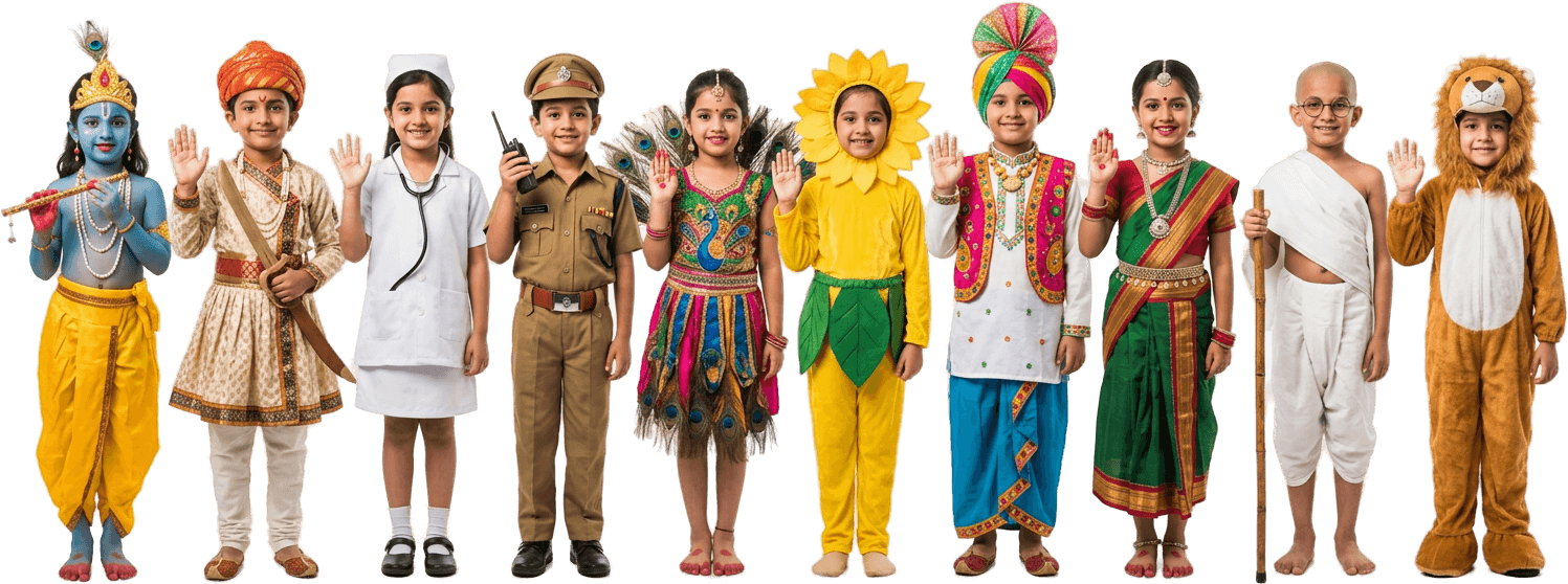Ten smiling children in school annual day costumes, from Krishna and a Maratha warrior to a nurse, police officer, peacock, sunflower, Bhangra, saree, Gandhi and a lion