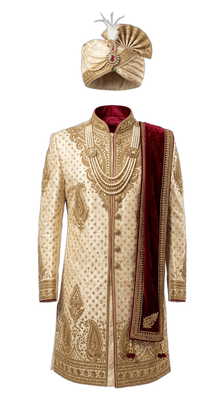 Royal Maharaja King Sherwani with Jeweled Pagdi Turban